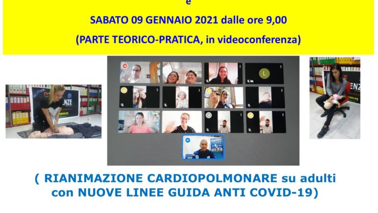 DA GIOVEDI’ 7 GENNAIO A SABATO 9 GENNAIO 2021 Corso GRATUITO teorico TUTTO ONLINE di Emergenze Sanitarie extraospedaliere – BLS, con nuove Linee Guida anti COVID-19