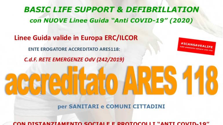 SABATO 29 MAGGIO 2021 ore 9,00 – 14,00 a ROMA, CORSO BLS-D (BASIC LIFE SUPPORT & DEFIBRILLATION) con nuove Linee Guida “anti COVID-19”